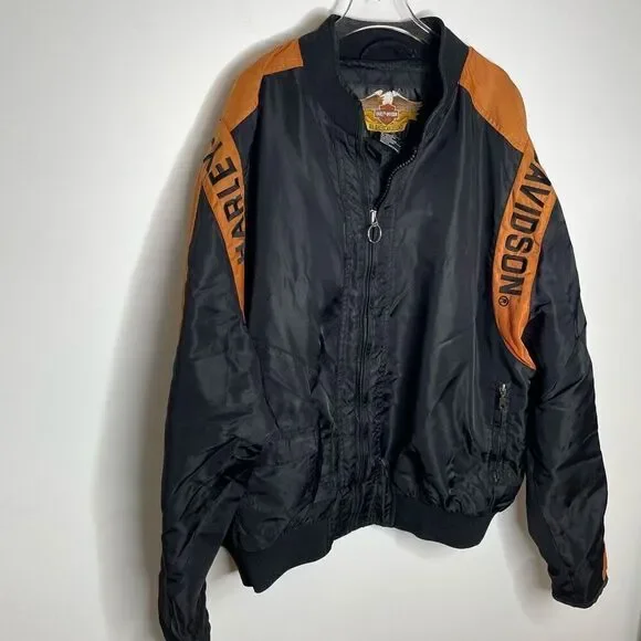 Harley Davidson Men’s Racing Jacket Black Bar Shield Orange Nylon Bomber Zip XL